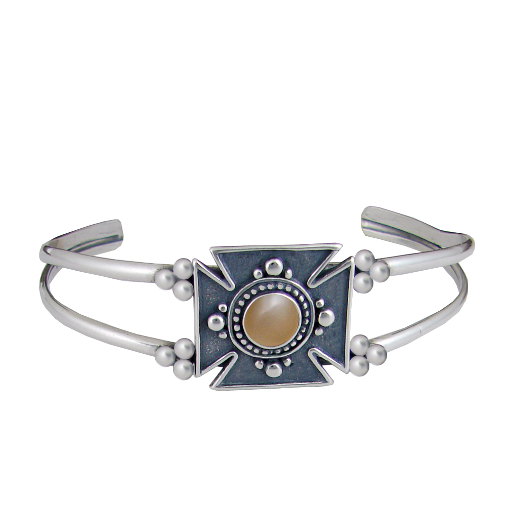 Sterling Silver Iron Cross Cuff Bracelet With Peach Moonstone